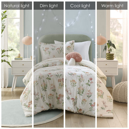 4 Piece Mushroom Garden Printed Bedding Set, Green Floral Comforter Set