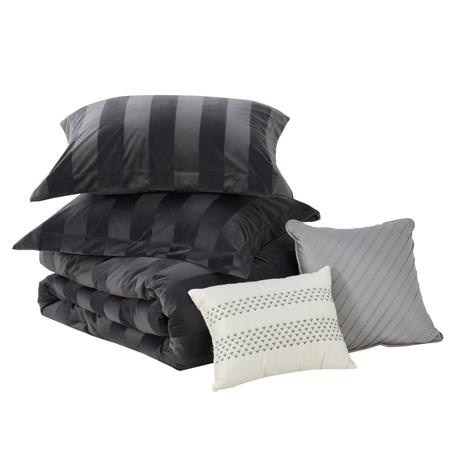 Velvet Woven Striped Reversible Comforter Set with Decorative Pillows and Shams