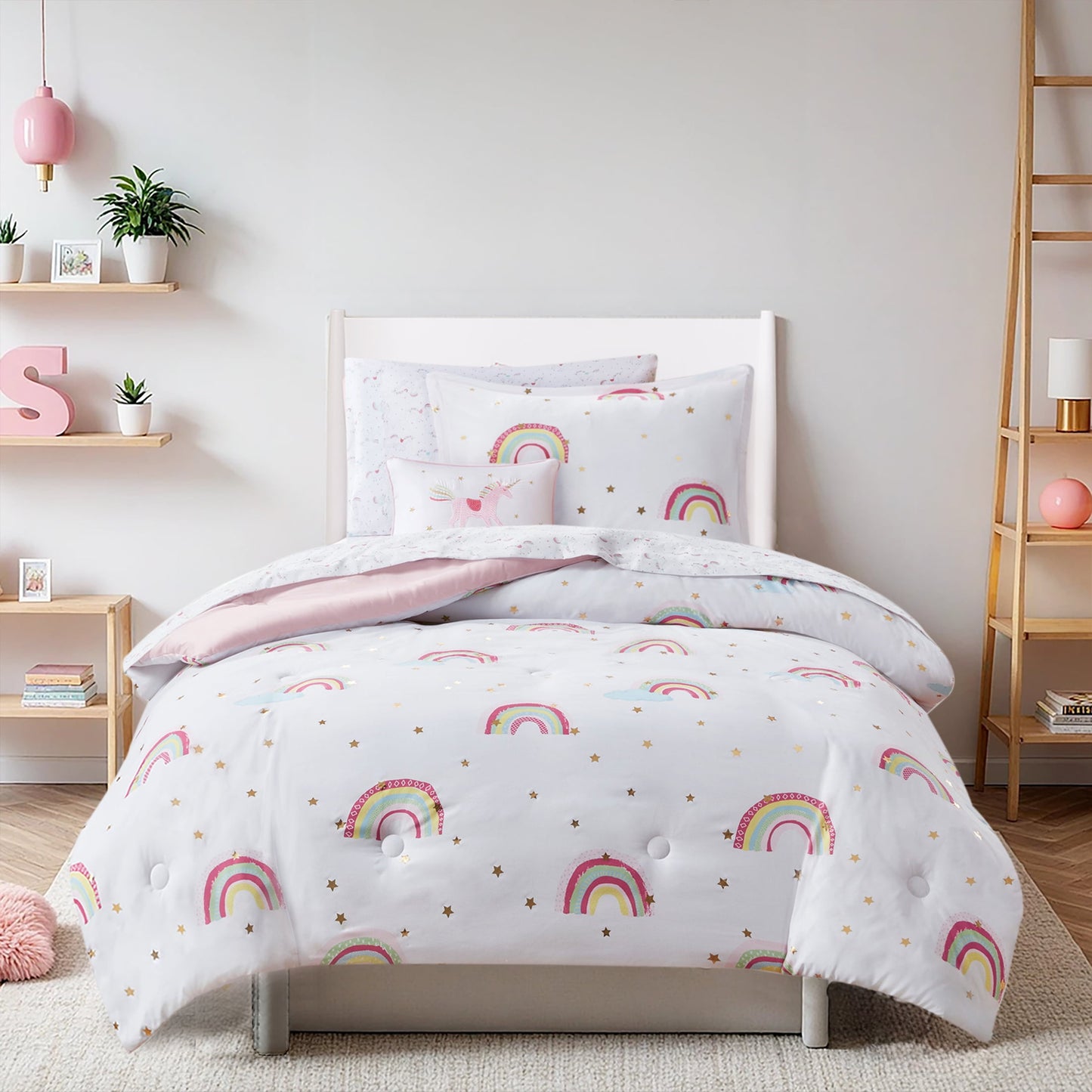 8-Piece Rainbow and Metallic Stars Girls Comforter Bedding Set with Bed Sheets