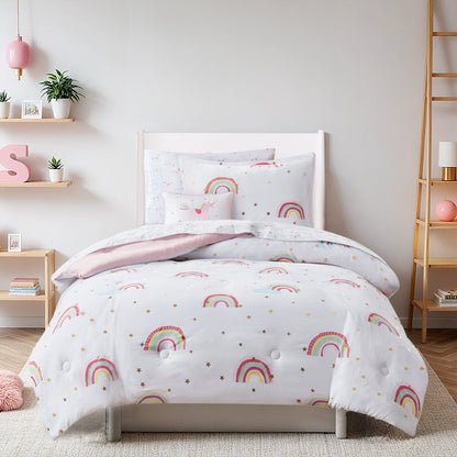 8-Piece Rainbow and Metallic Stars Girls Comforter Bedding Set with Bed Sheets