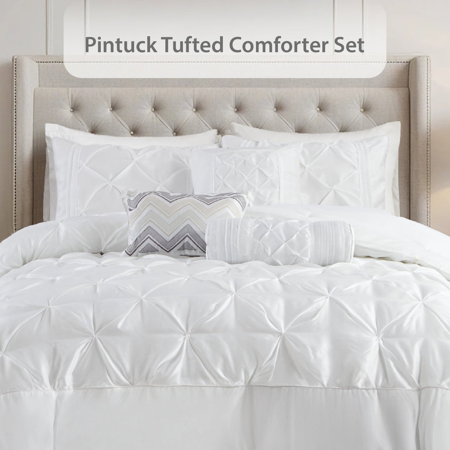 Tufted Pintuk Bed in a Bag Bed Set, Satin Luxury Grey Comforter Bedding Set with Decor Pillow