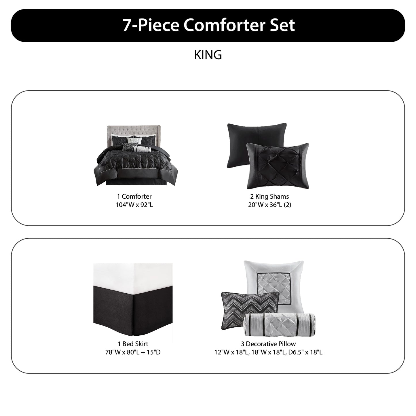 Tufted Pintuk Bed in a Bag Bed Set, Satin Luxury Grey Comforter Bedding Set with Decor Pillow