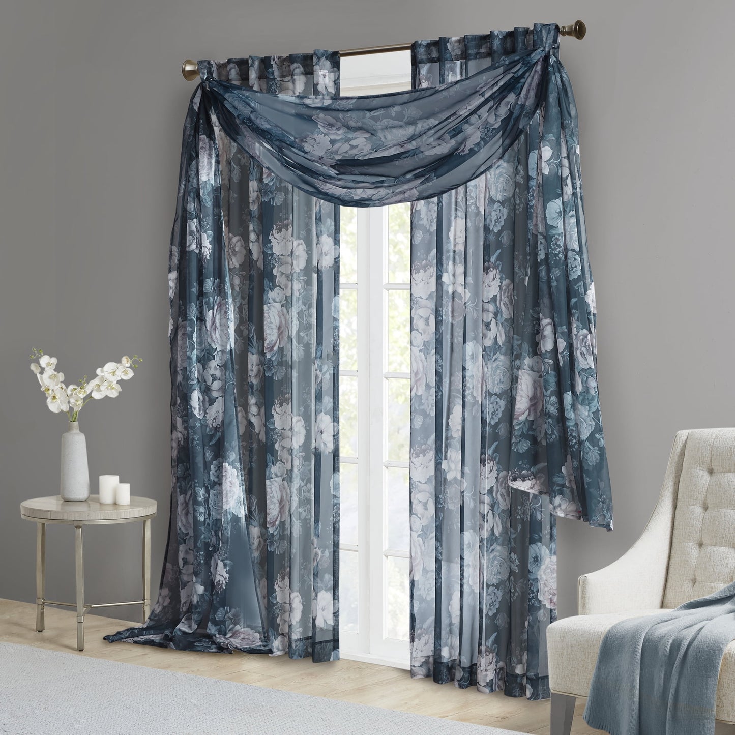 Printed Floral Rod Pocket and Back Tab Voile Sheer, Navy