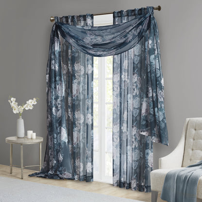 Printed Floral Rod Pocket and Back Tab Voile Sheer, Navy