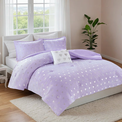 4-Piece Kids Comforter Set, Metallic Printed Plush Dorm Comforter Bedding Set