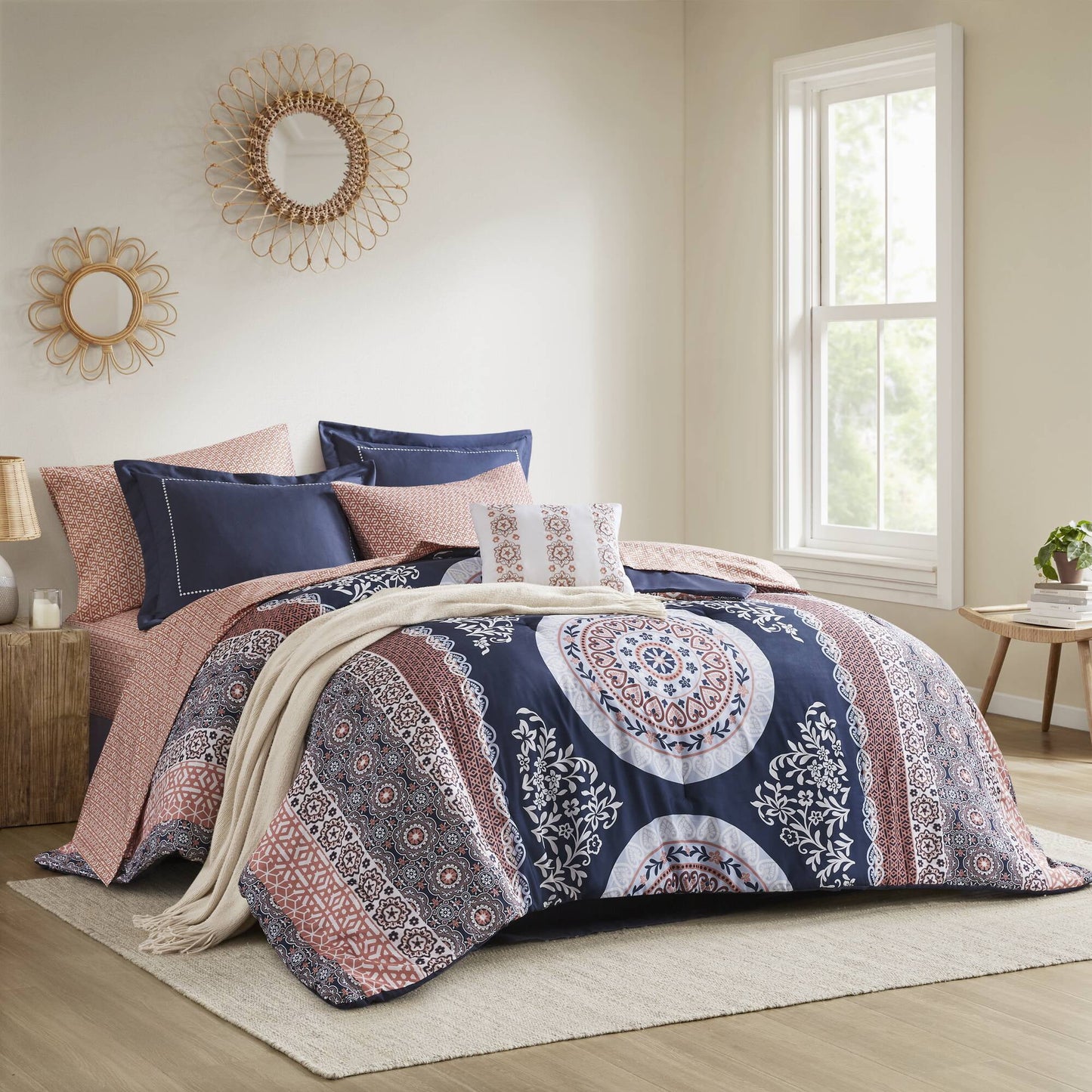 Bed in a Bag Navy/Orange Bedding Sets with Sheets, Bed Skirt for College Dorm