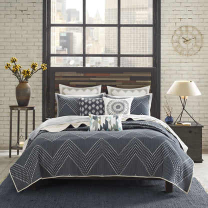Square Contemporary Cotton Embroidered Pillow in Navy