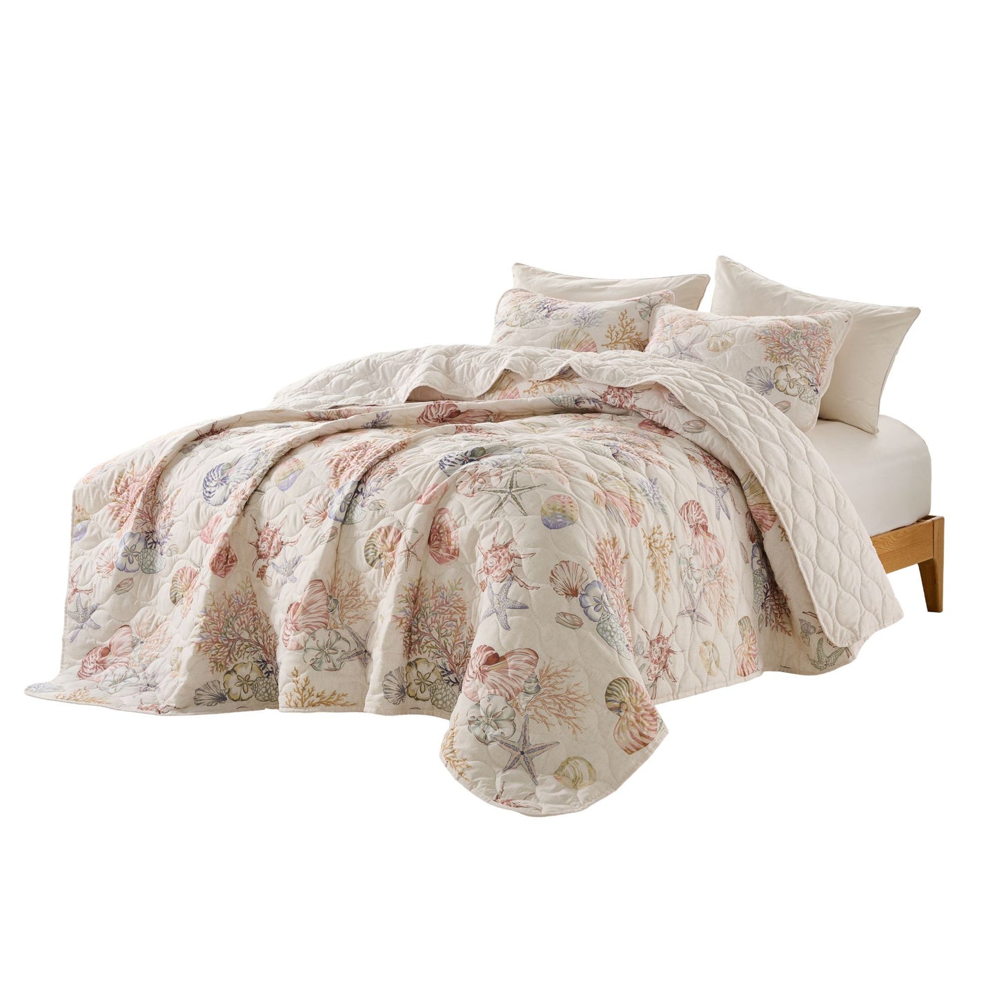 Coastal Quilt Set with Shams, Beach Themed Starfish & Seaweed Print Bedspread Coverlet