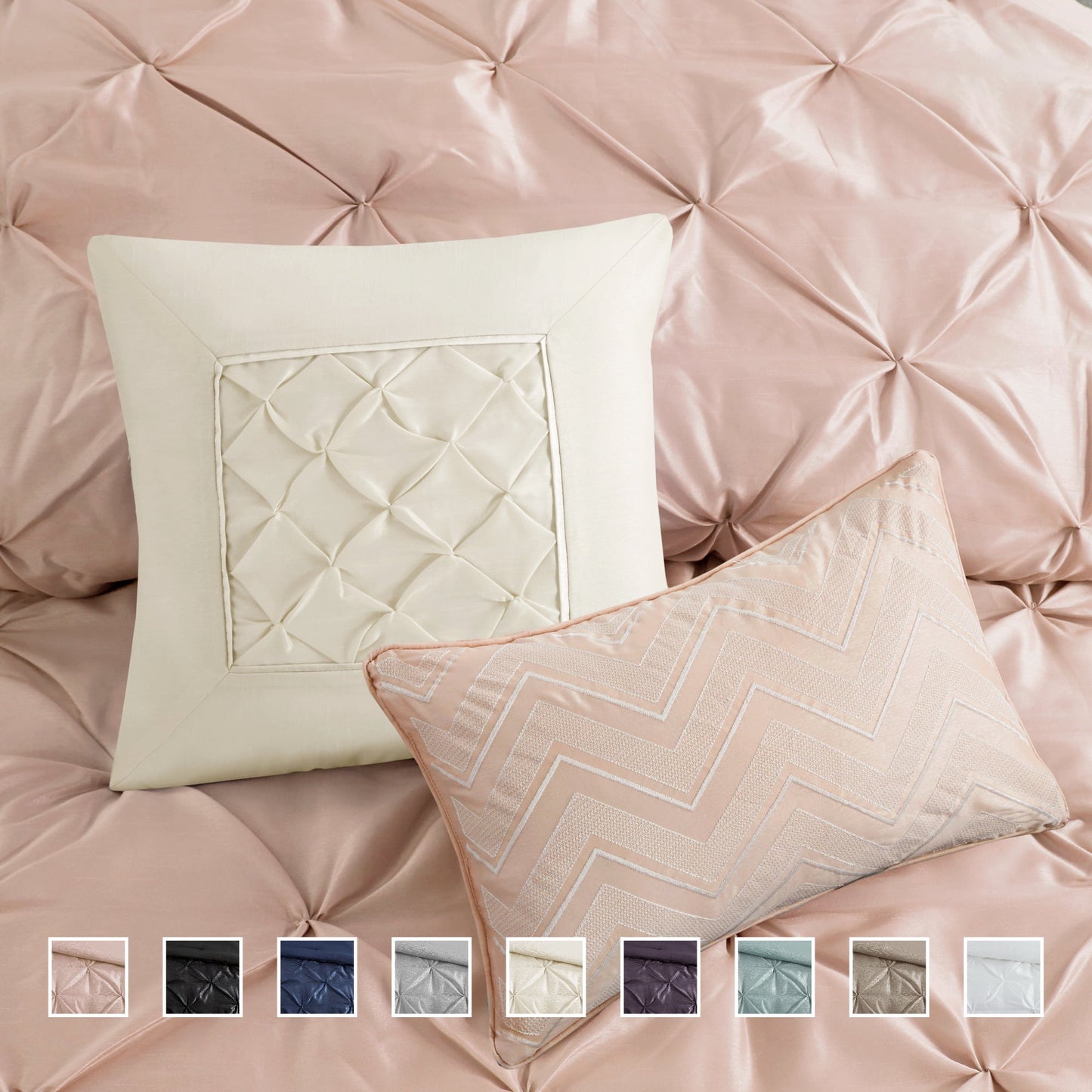 Tufted Pintuk Bed in a Bag Bed Set, Satin Luxury Grey Comforter Bedding Set with Decor Pillow