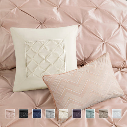 Tufted Pintuk Bed in a Bag Bed Set, Satin Luxury Grey Comforter Bedding Set with Decor Pillow