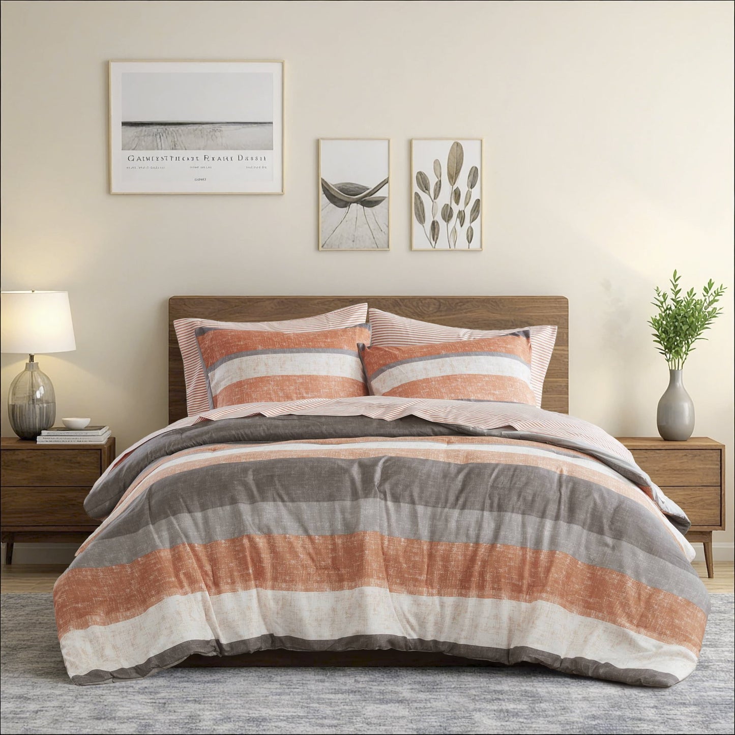 Stripe Comforter Set Bed in a Bag Bedding Set for Dorm Room, Comforter Bed Set with Flat Sheet and Fitted Sheet