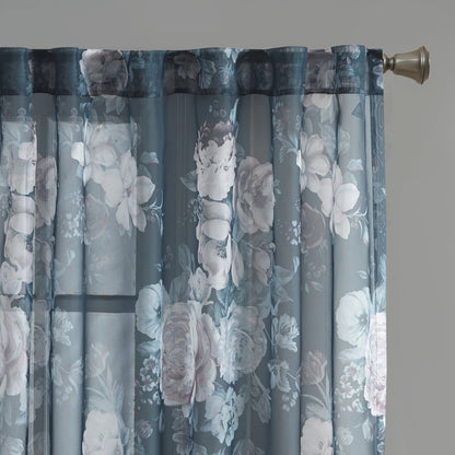 Printed Floral Rod Pocket and Back Tab Voile Sheer, Navy