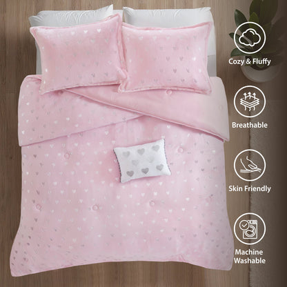4-Piece Kids Comforter Set, Metallic Printed Plush Dorm Comforter Bedding Set