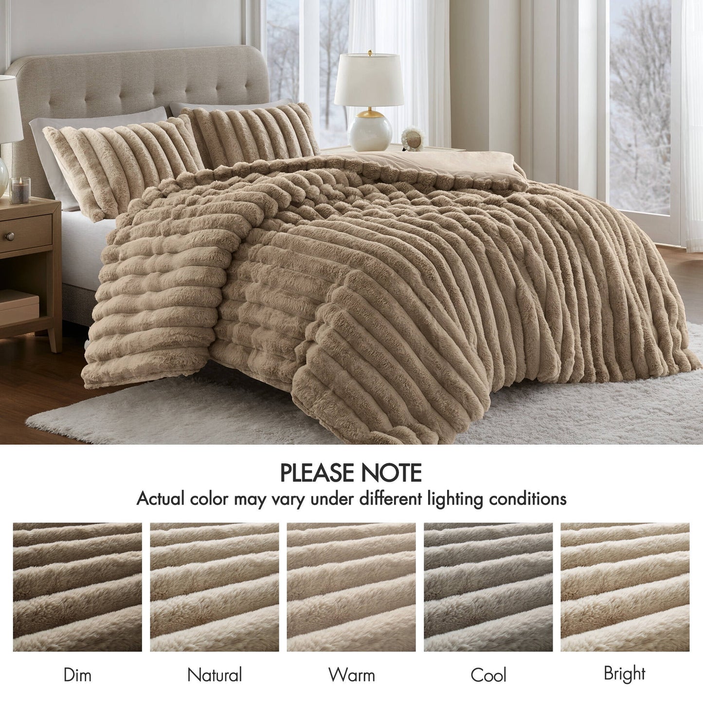 Faux Fur Fluffy Ribbed Bedding Comforter Set