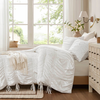 Romantic French Country Ruched Plush Comforter Set with Bow Ties