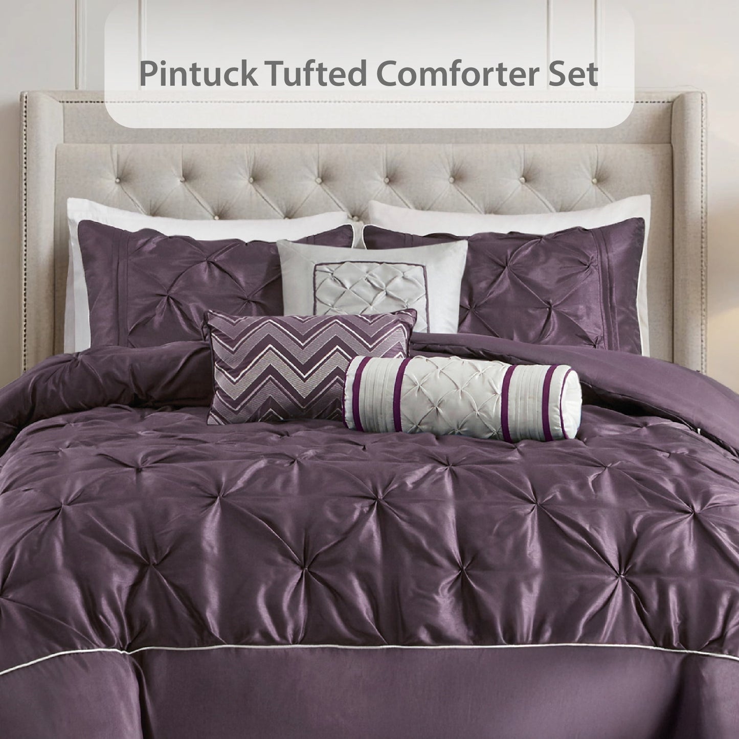 Tufted Pintuk Bed in a Bag Bed Set, Satin Luxury Grey Comforter Bedding Set with Decor Pillow