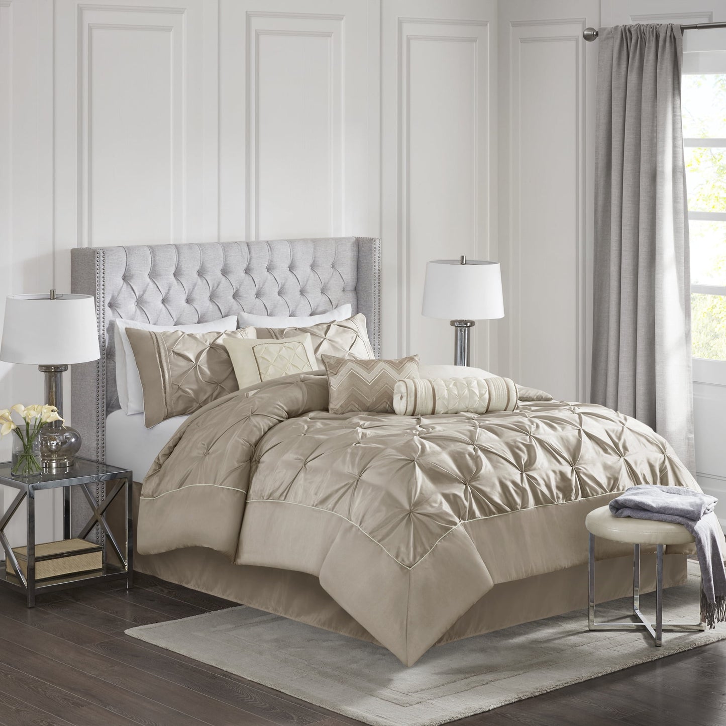 Tufted Pintuk Bed in a Bag Bed Set, Satin Luxury Grey Comforter Bedding Set with Decor Pillow