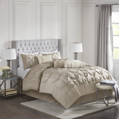 Tufted Pintuk Bed in a Bag Bed Set, Satin Luxury Grey Comforter Bedding Set with Decor Pillow