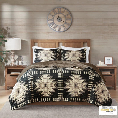 Aztec Print Plush Coverlet Set with Tan and Black