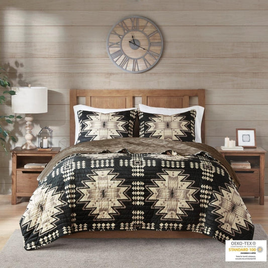 Aztec Print Plush Coverlet Set with Tan and Black