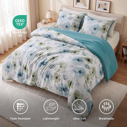 Reversible Floral Bedding Set, Cozy Botanical Flowers Seersucker Comforter Bed Set with Sheets and Pillowcases
