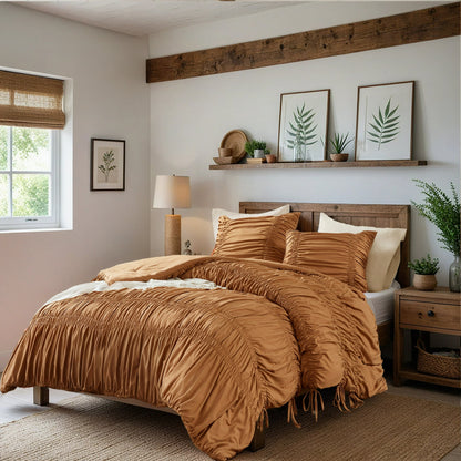 Romantic French Country Ruched Plush Comforter Set with Bow Ties