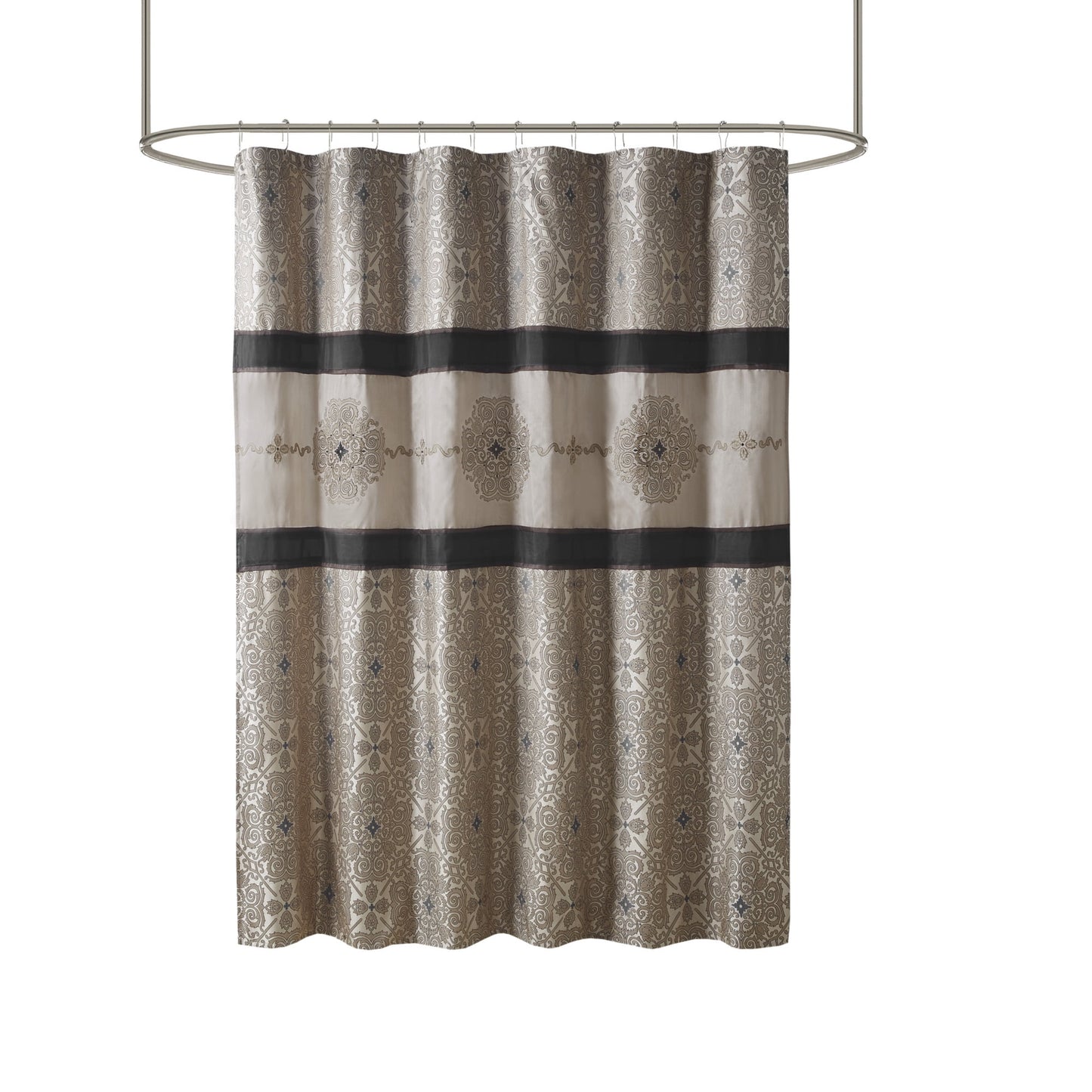 Traditional Embroidered Medallion Bathroom Shower Curtain with 12 Button Holes