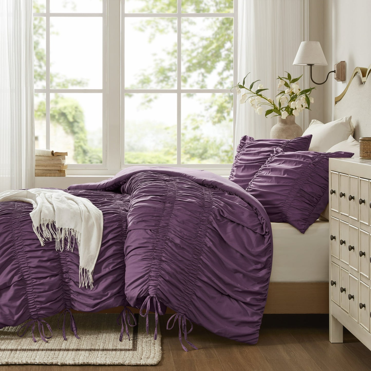 Romantic French Country Ruched Plush Comforter Set with Bow Ties