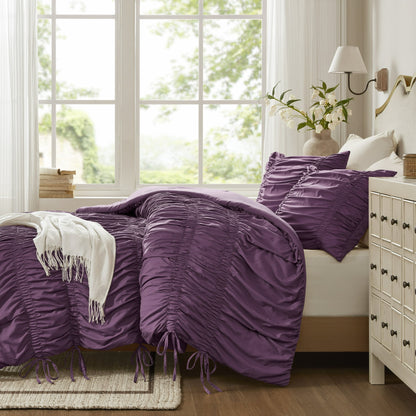 Romantic French Country Ruched Plush Comforter Set with Bow Ties