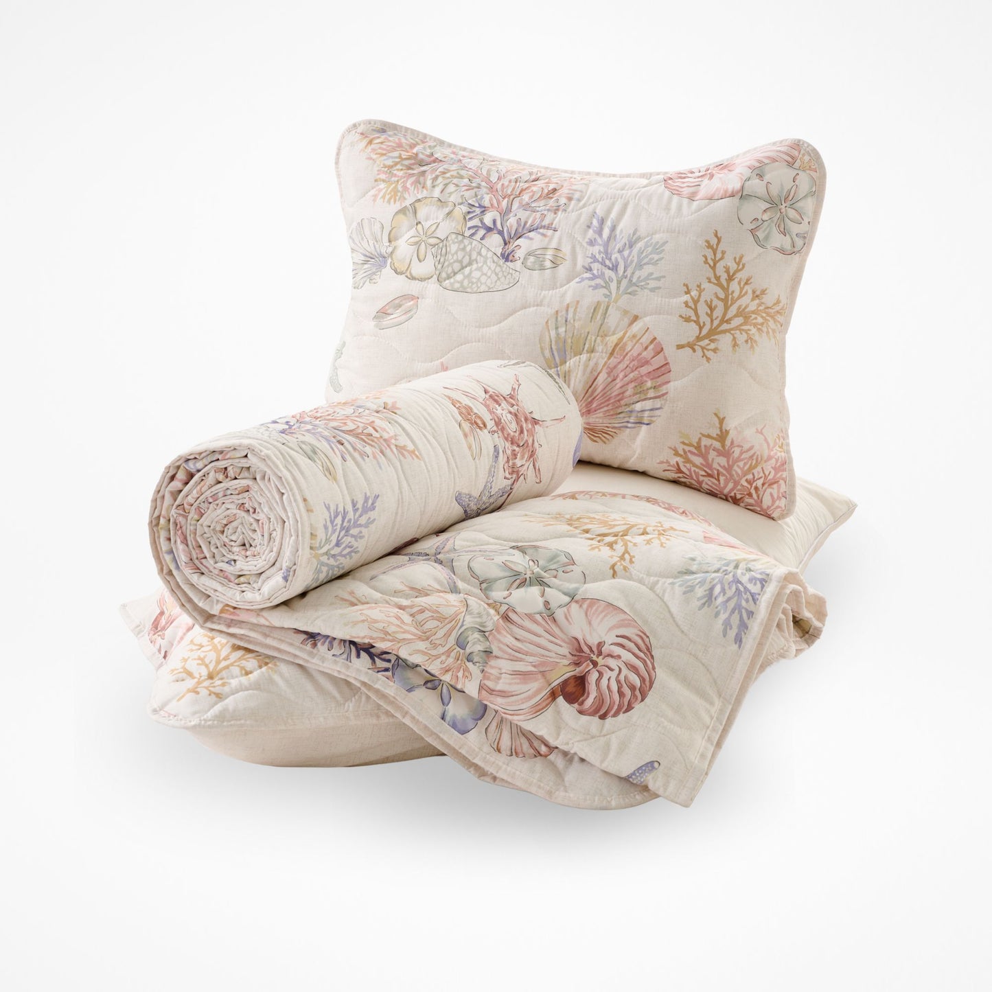 Coastal Quilt Set with Shams, Beach Themed Starfish & Seaweed Print Bedspread Coverlet