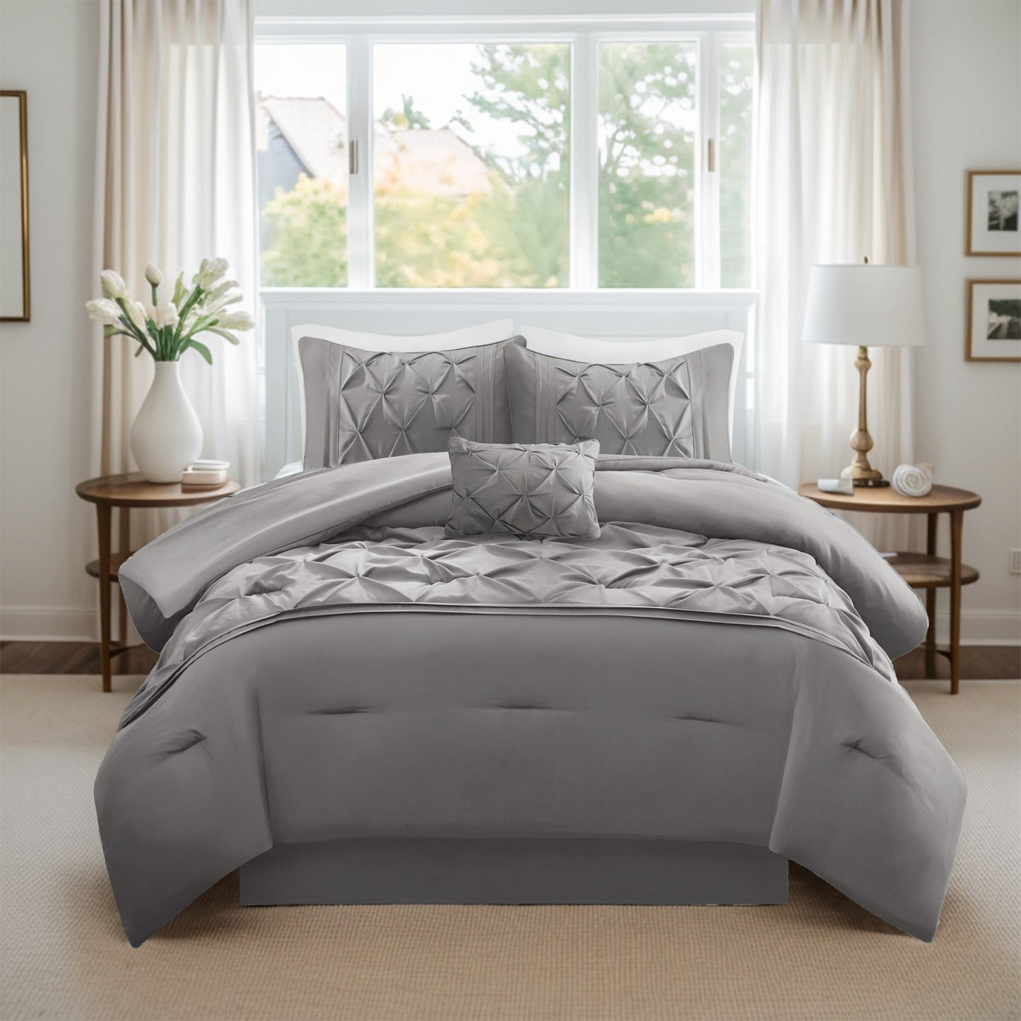 Pintuck Faux Silk Comforter Set with Bed Skirt and Decor Pillow