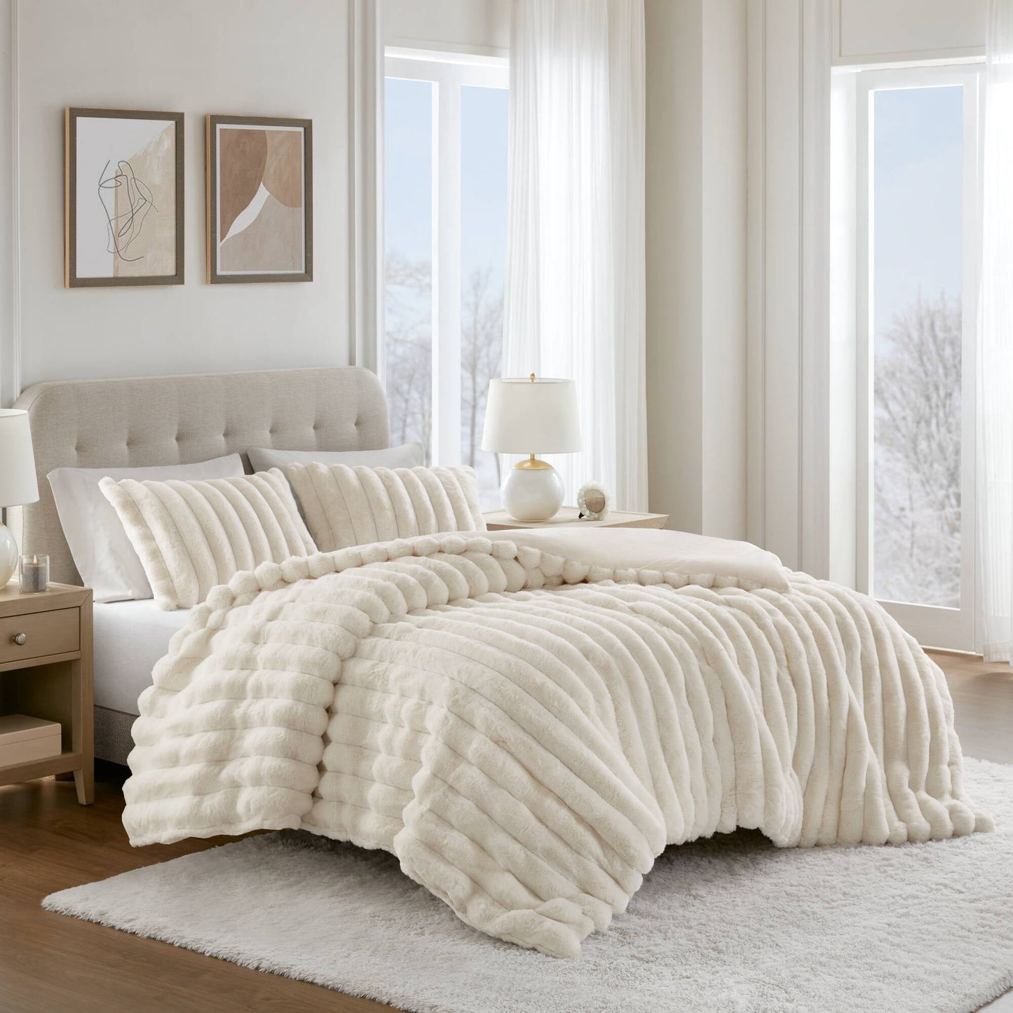 Faux Fur Fluffy Ribbed Bedding Comforter Set