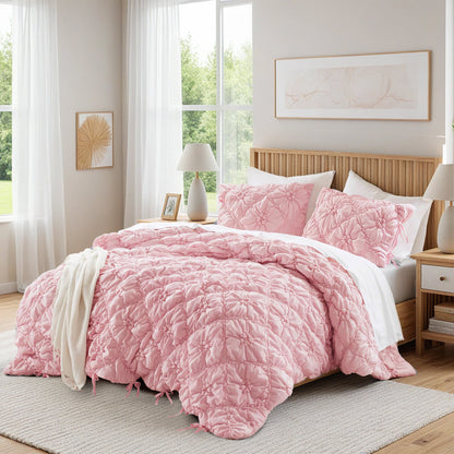 Floral Puffy Bow Tie Bedding Set, Comforter Set with Sham