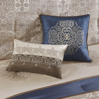 24 Piece Jacquard Comforter Set with Window Curtains, Moroccan-Inspired Bed in a Bag, Navy