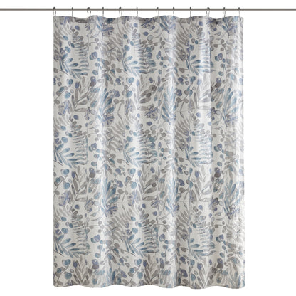 Blue Floral Shower Curtain with 12 Button Holes, Seersucker, 72" x 72"