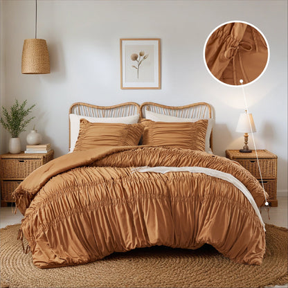 Romantic French Country Ruched Plush Comforter Set with Bow Ties
