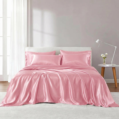 Satin Silky Bedding Sheet Set, Silky Sheen and Cloud-Soft Bed Sheet with Deep-Pocket Fitted Sheet
