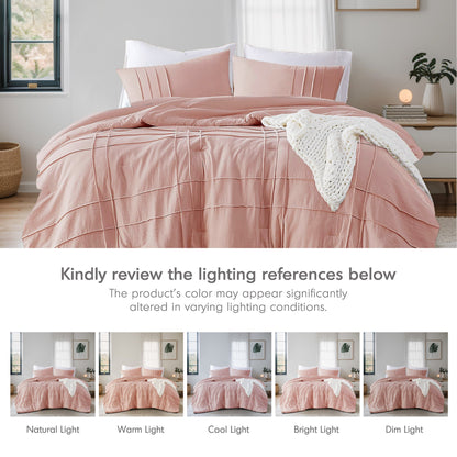 Boho Pintuck Stitching Dorm Bedding Set, Soft Washed Pleated Bed Sets with Pillow Sham