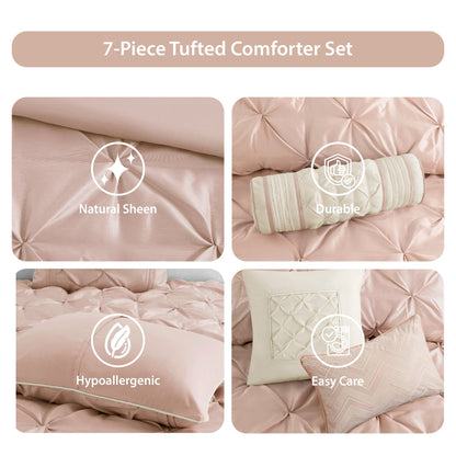 Tufted Pintuk Bed in a Bag Bed Set, Satin Luxury Grey Comforter Bedding Set with Decor Pillow