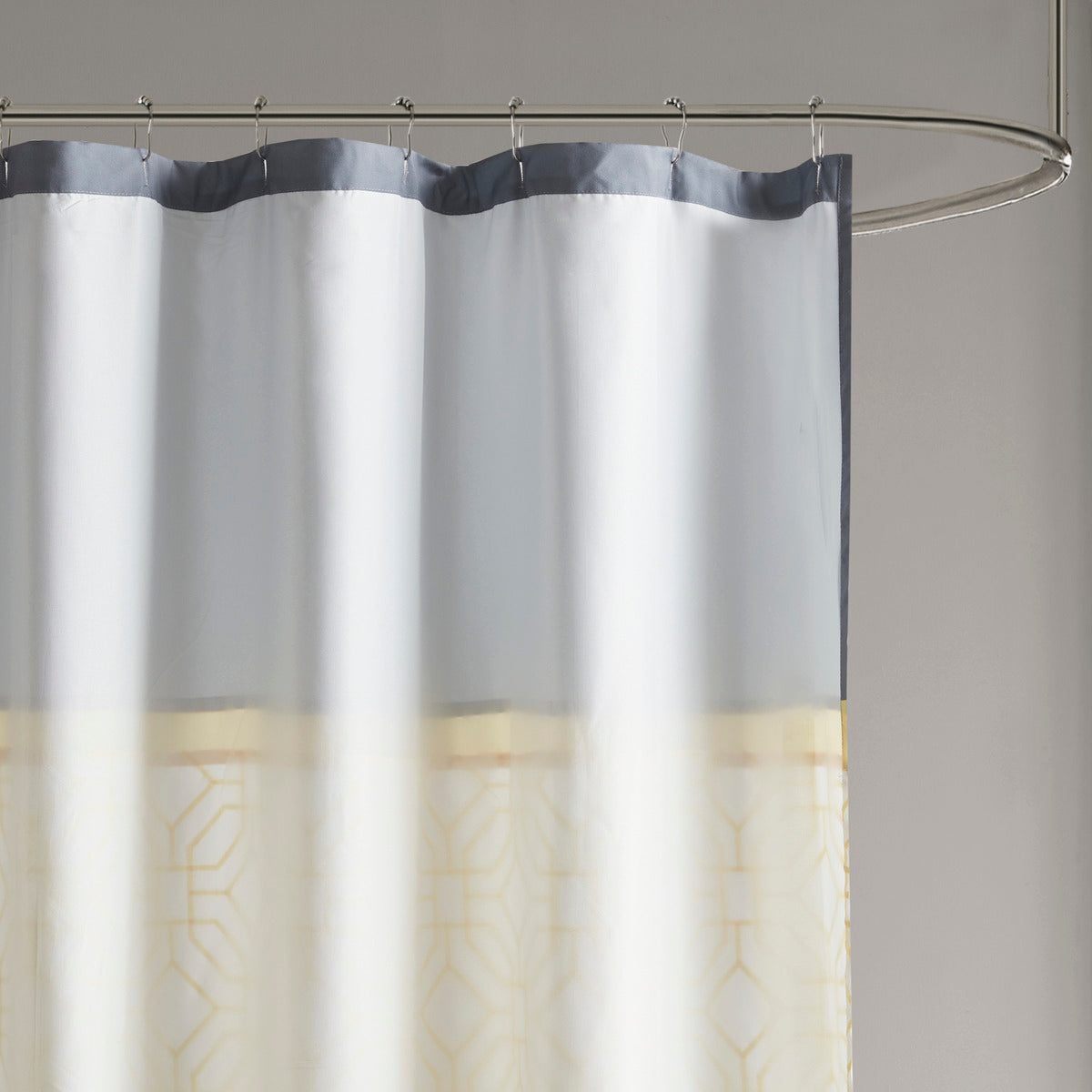 Embroidered Geometric Shower Curtain, Pintucked Pieced Pattern with Bold Color Blocking