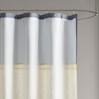 Embroidered Geometric Shower Curtain, Pintucked Pieced Pattern with Bold Color Blocking