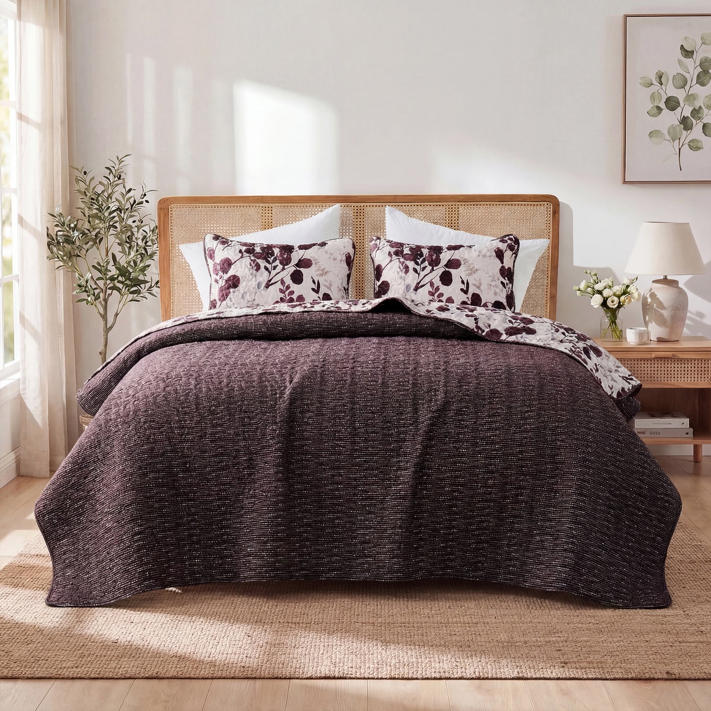 Floral Botanical Garden Style Quilt Bedspread with Sham