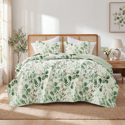 Floral Botanical Garden Style Quilt Bedspread with Sham