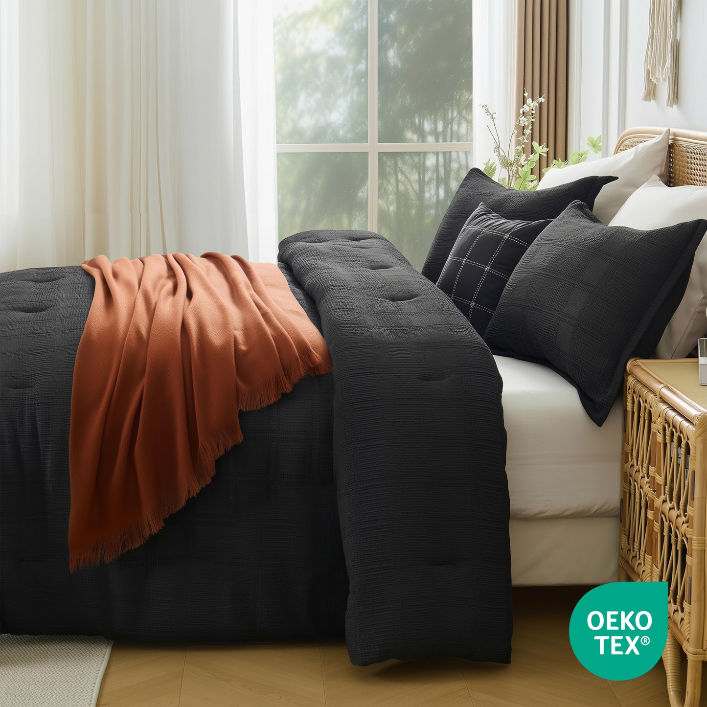 Solid Classic Waffle Weave Textured Bedding Comforter Set