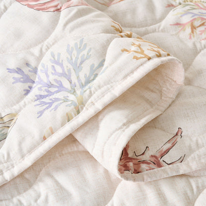 Coastal Quilt Set with Shams, Beach Themed Starfish & Seaweed Print Bedspread Coverlet