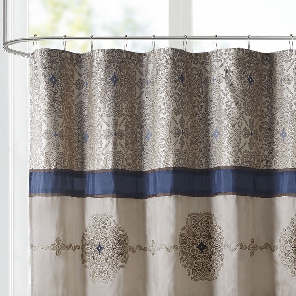 Traditional Embroidered Medallion Bathroom Shower Curtain with 12 Button Holes