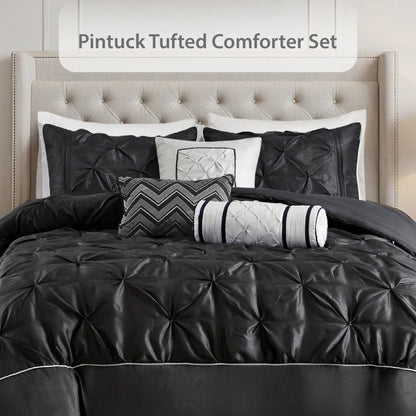 Tufted Pintuk Bed in a Bag Bed Set, Satin Luxury Grey Comforter Bedding Set with Decor Pillow