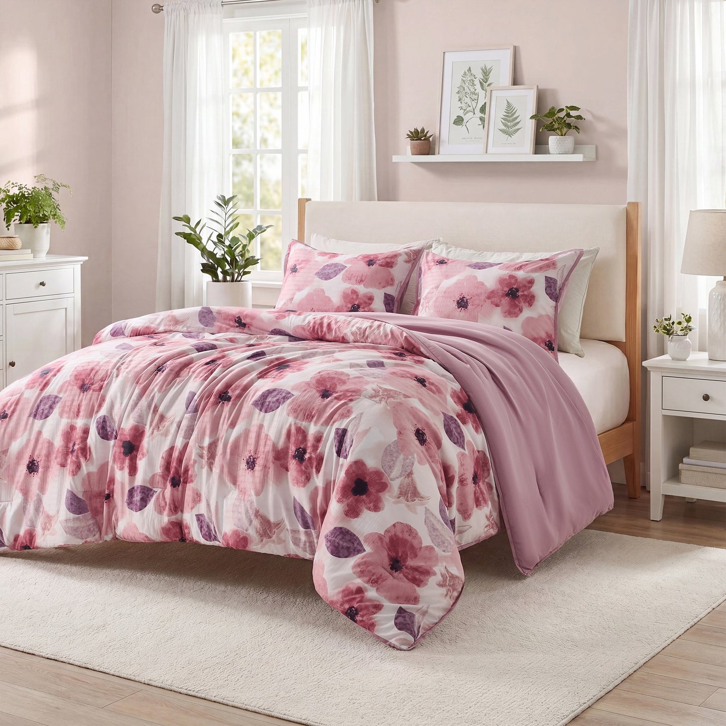 Reversible Floral Bedding Set, Cozy Botanical Flowers Seersucker Comforter Bed Set with Sheets and Pillowcases