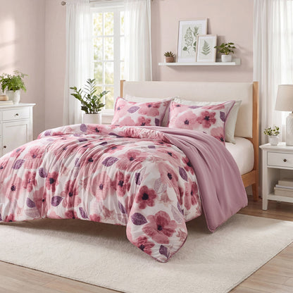 Reversible Floral Bedding Set, Cozy Botanical Flowers Seersucker Comforter Bed Set with Sheets and Pillowcases