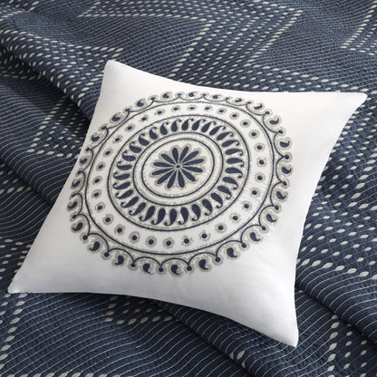 Square Contemporary Cotton Embroidered Pillow in Navy